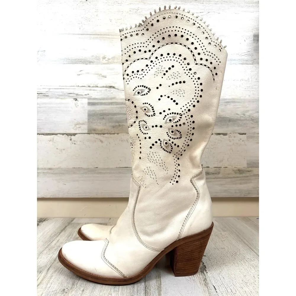 FRU.IT Cream Leather Cut Out Western Calf Boots Womens 40 Vintage Italy Designer